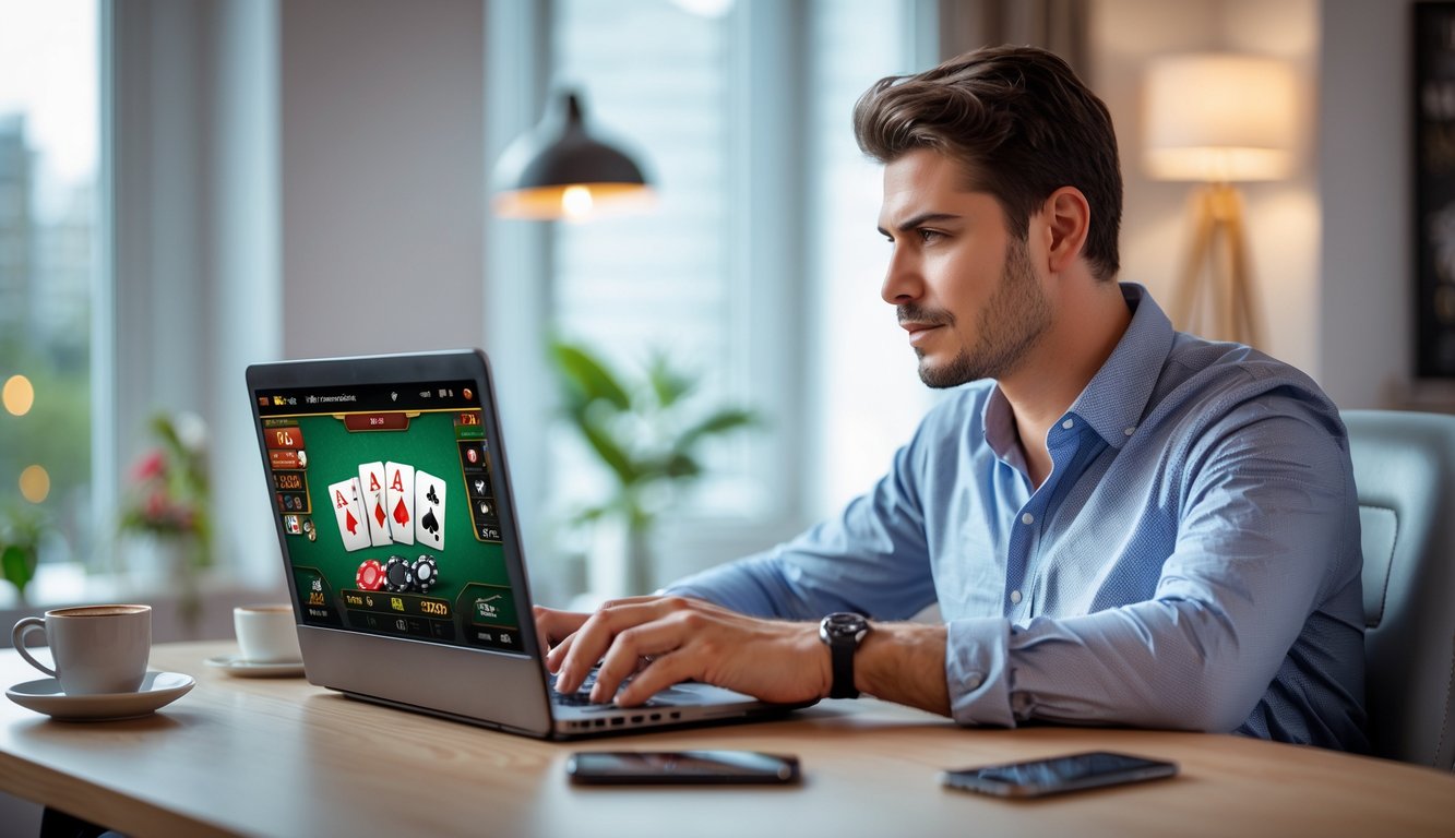 Seorang pria muda duduk di meja dengan laptop, fokus bermain permainan judi online di rumah yang terang.