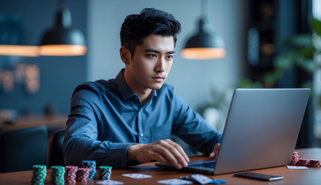 Seorang pria muda duduk di meja permainan dengan laptop, fokus bermain judi Ceme online dengan chip dan kartu di sekitarnya.