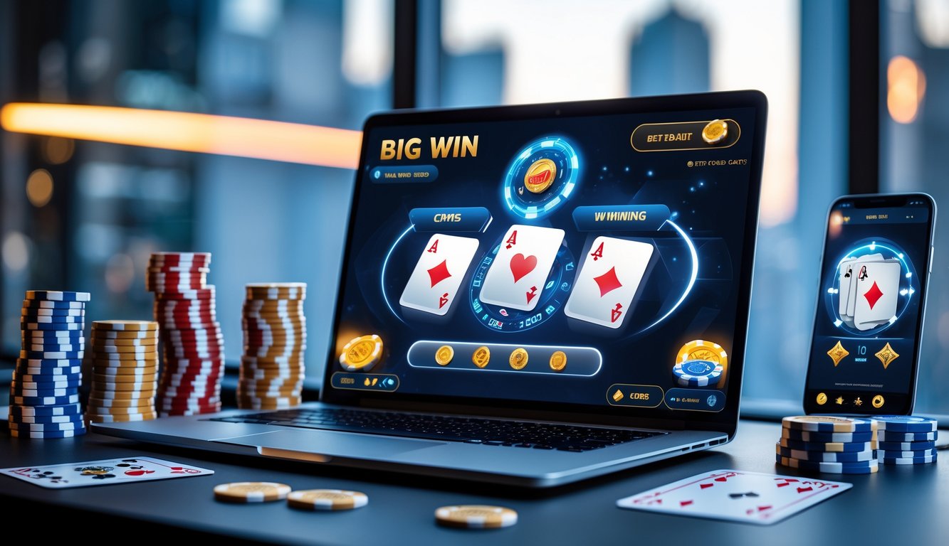 Meja kerja dengan laptop menampilkan permainan judi Ceme online, tumpukan chip poker, kartu remi, dan ponsel dengan aplikasi taruhan terbuka.