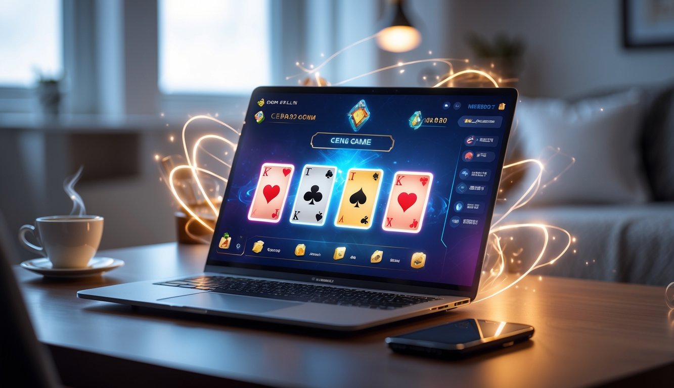 Seorang pemain menggunakan laptop dengan tampilan permainan kartu Ceme digital di meja dengan cangkir kopi dan ponsel di sampingnya.
