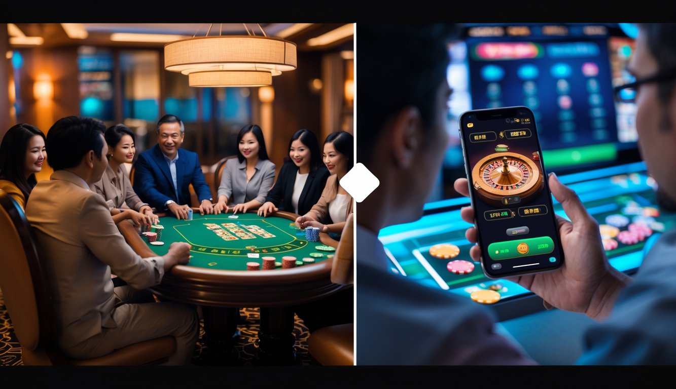 Orang-orang bermain permainan judi Ceme di meja tradisional dan seseorang menggunakan ponsel untuk bermain Ceme secara online.