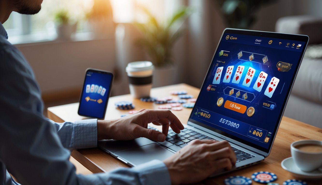 Seorang dewasa muda bermain permainan kartu Ceme secara online di rumah dengan laptop, di latar belakang terlihat peralatan judi konvensional yang samar.