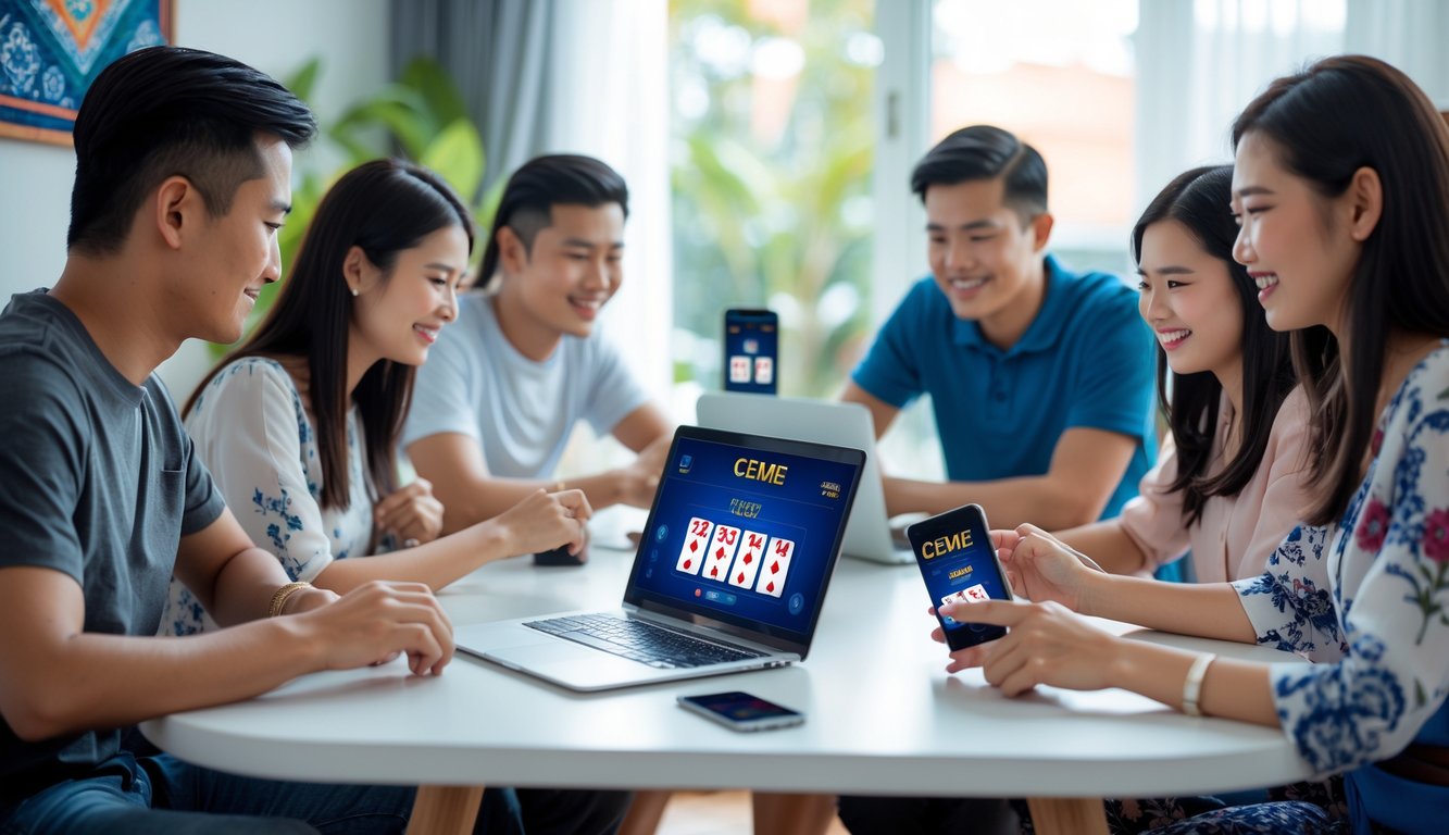 Sekelompok orang muda bermain permainan kartu Ceme secara online di ruang tamu yang nyaman dengan perangkat digital.