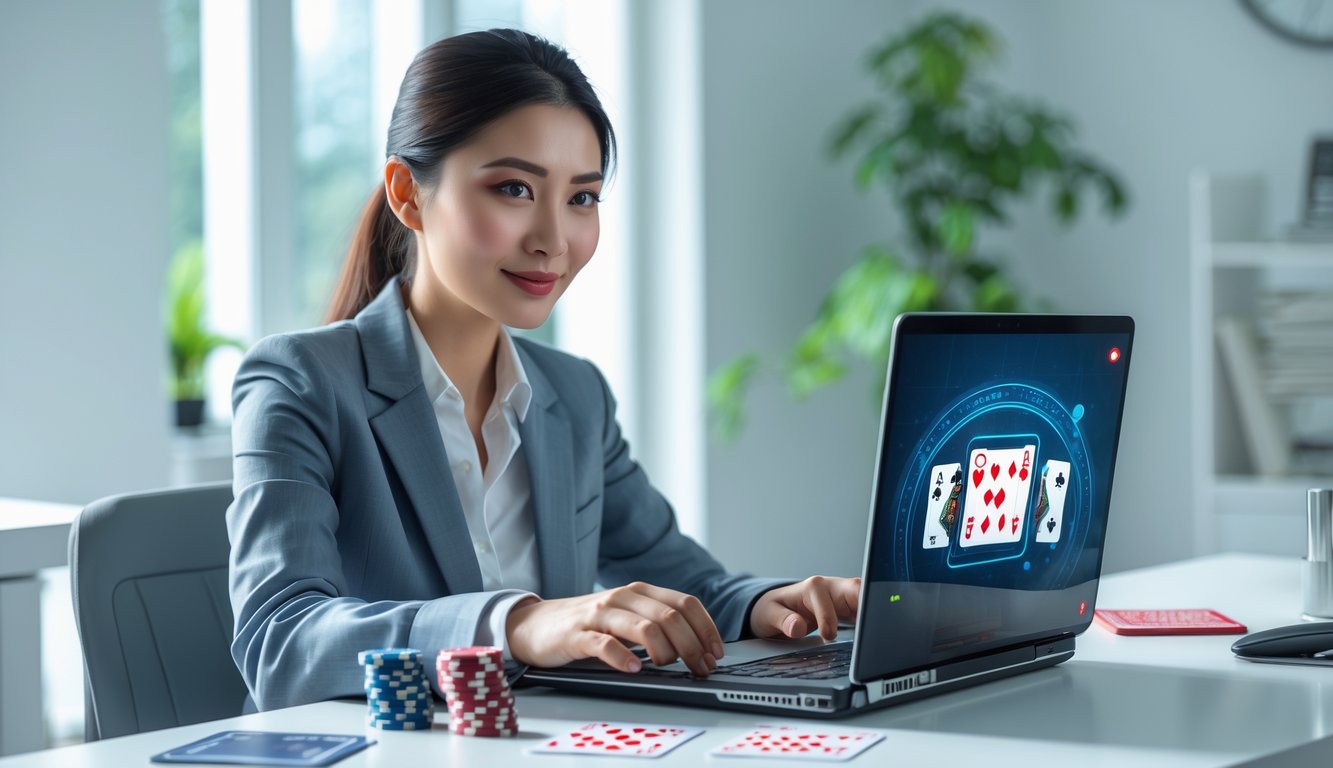 Seorang wanita muda duduk di meja dengan laptop dan kartu remi, tampak fokus dan tersenyum di ruang kerja yang terang.