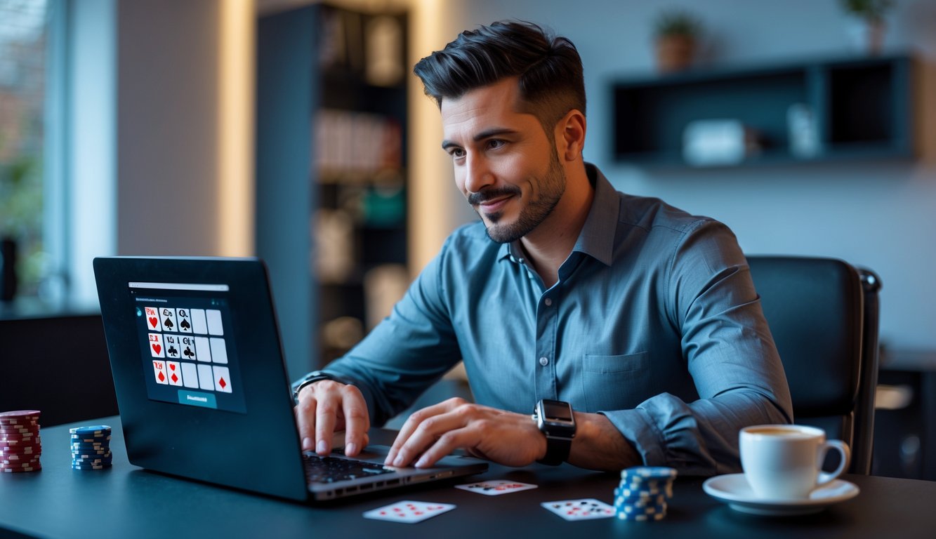 Seorang pria fokus bermain permainan kartu online di depan laptop di ruang kerja modern.