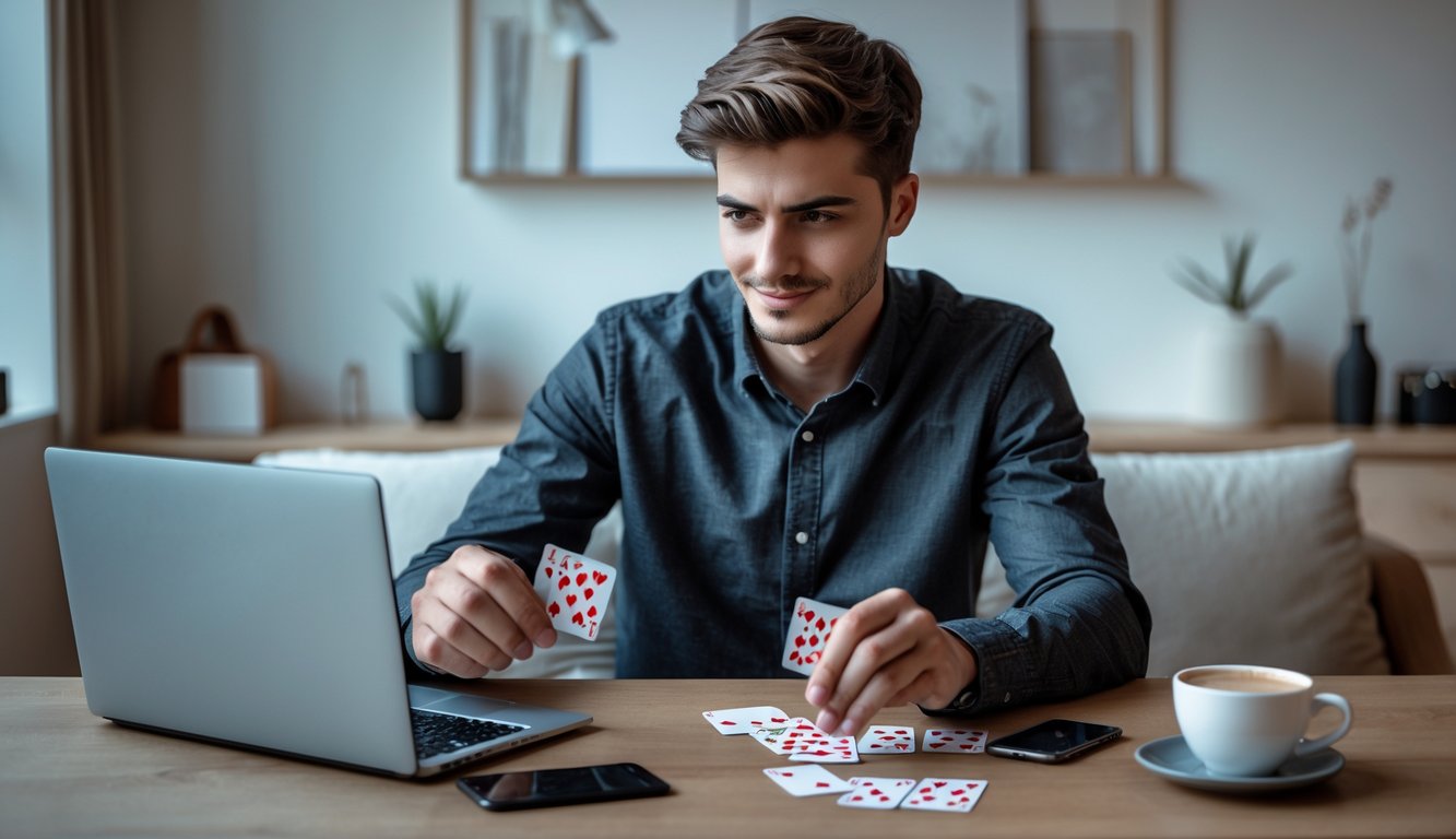 Seorang pria muda duduk di meja dengan laptop, fokus bermain permainan kartu online dengan ekspresi tenang dan percaya diri.