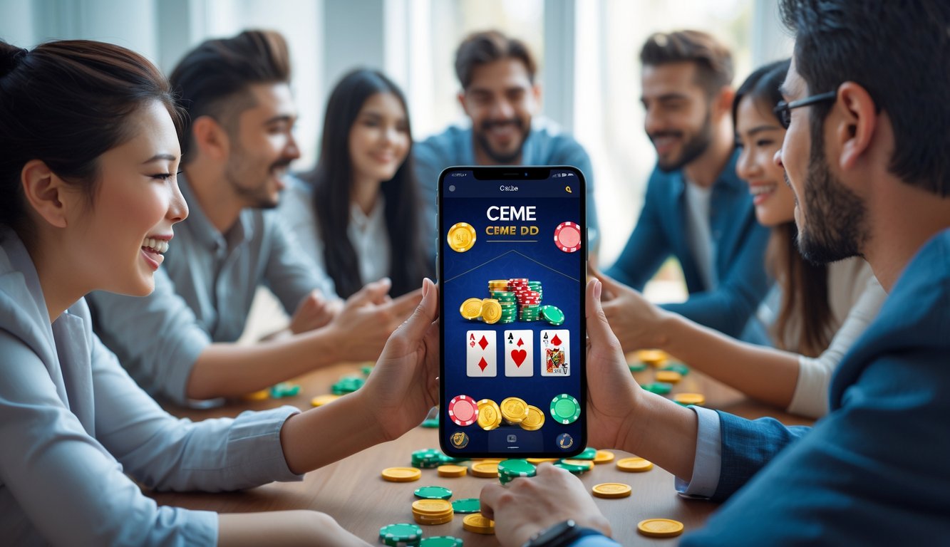 Beberapa orang sedang bermain game kartu Ceme secara online menggunakan perangkat digital di dalam ruangan yang nyaman.