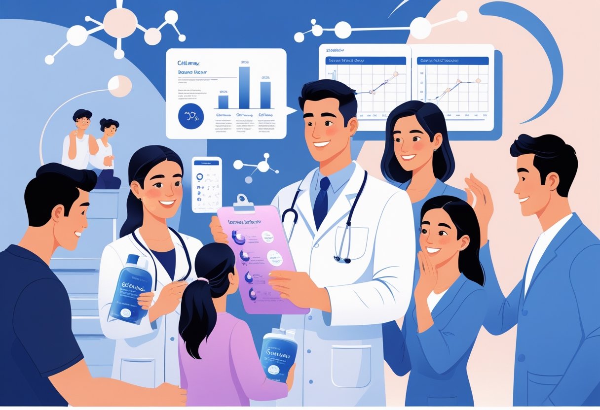 People consulting a dermatologist and sharing skincare experiences with clinical charts and product application in a clean clinical setting.