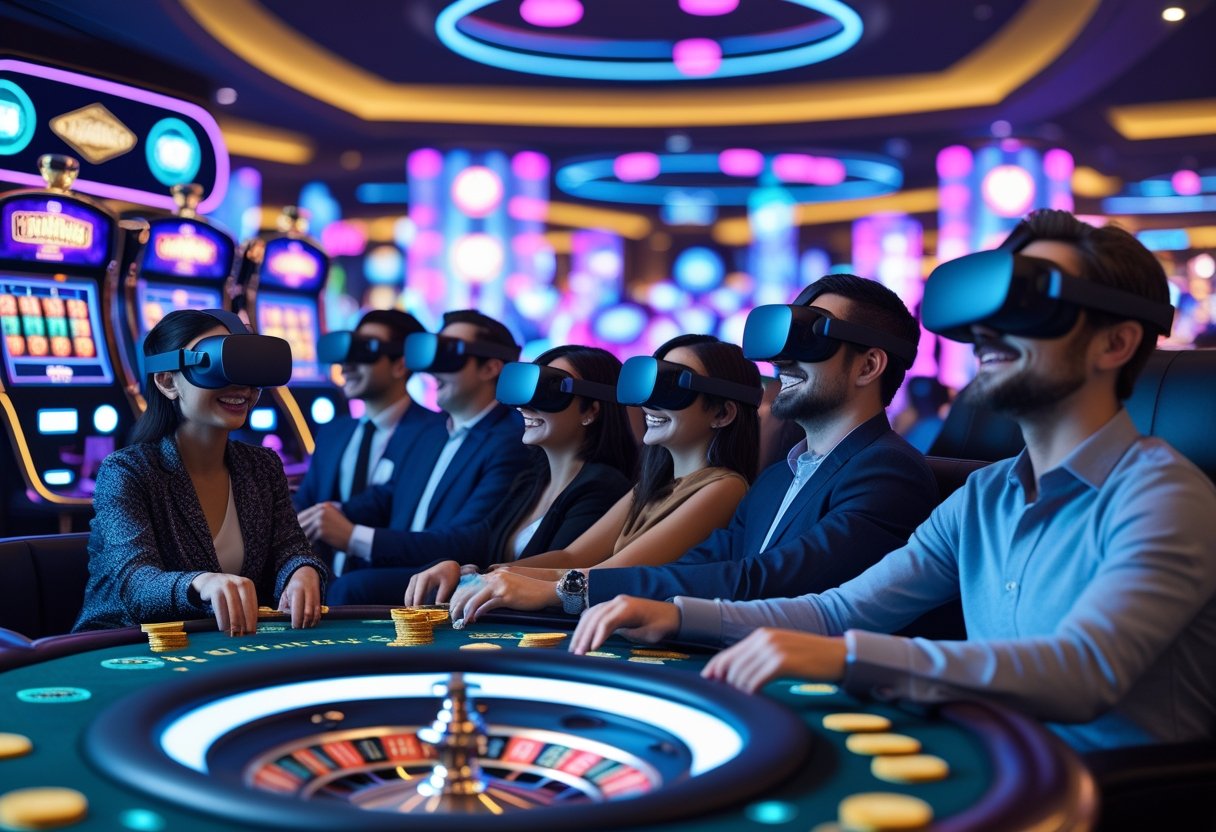 People wearing virtual reality headsets playing casino games