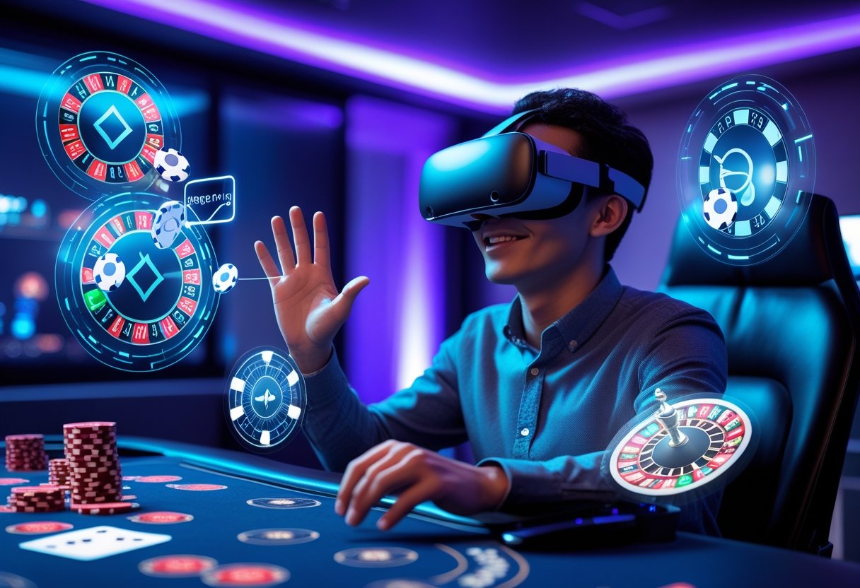 A person wearing a VR headset and playing vr roulette