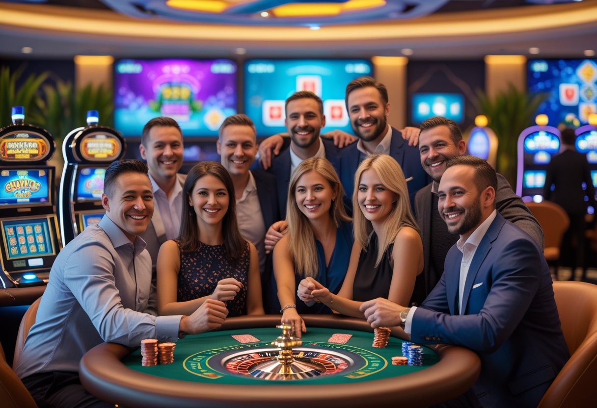 A group of adults enjoying casino games together in a modern, lively social casino setting.