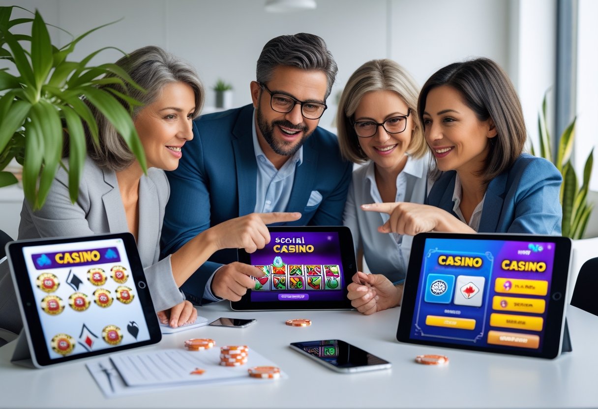 Three people discussing casino games