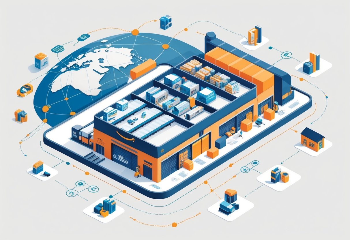 A globe connected by lines with a modern warehouse and robots in front, surrounded by icons of various products and arrows showing delivery routes to different areas.
