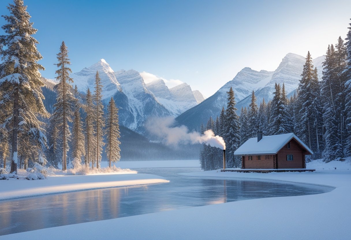Paysage d'hiver au Canada avec forêt enneigée, montagnes en arrière-plan et un lac gelé.