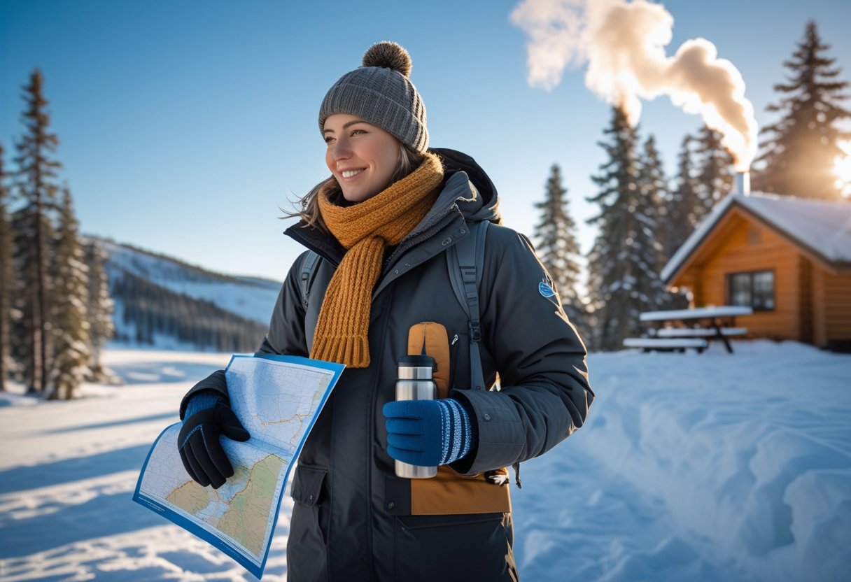 Une personne habillée chaudement debout dans un paysage canadien enneigé avec des arbres et une cabane en arrière-plan.