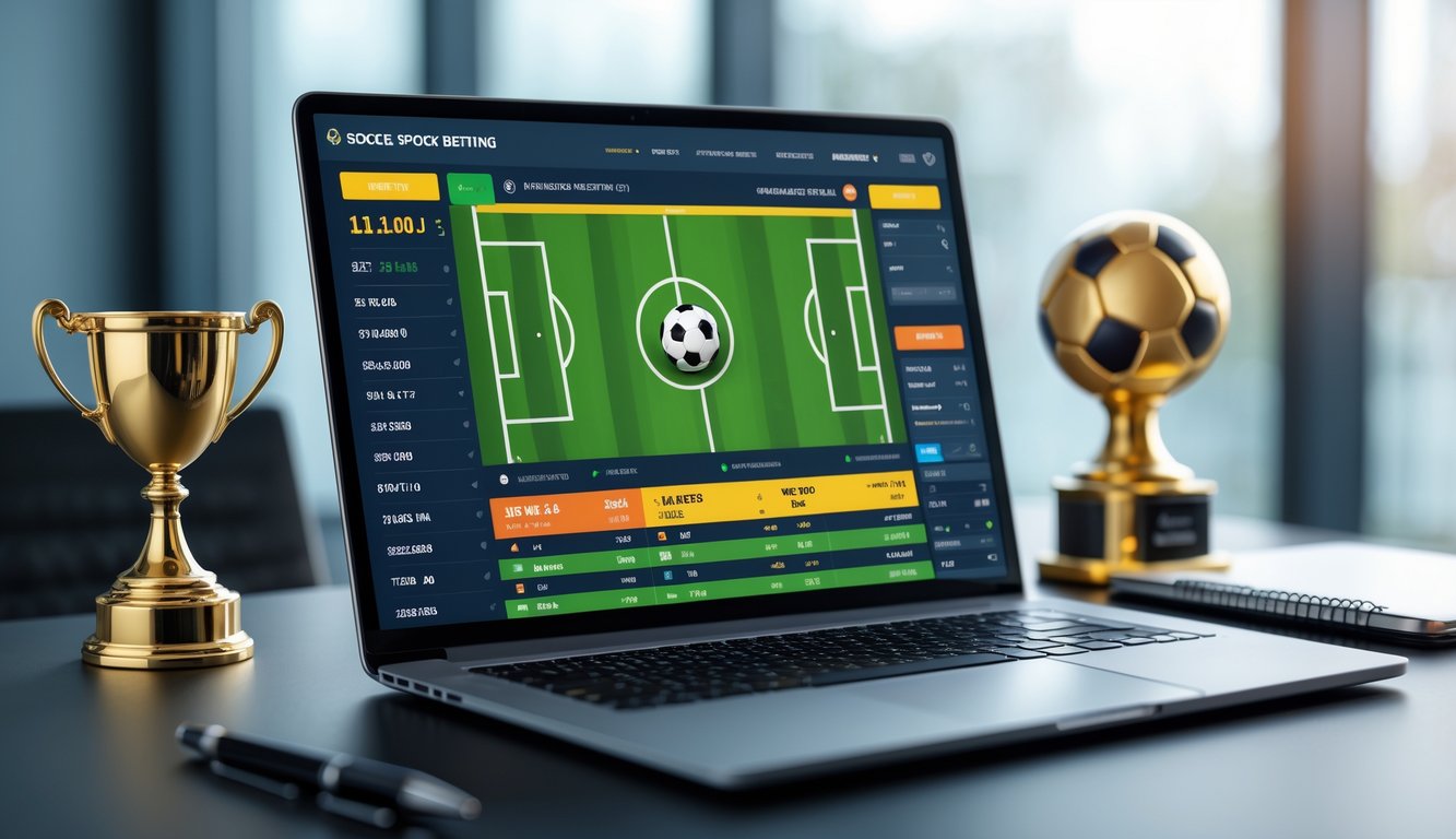 Seorang pria di depan laptop dengan tampilan situs taruhan sepak bola online yang terpercaya, di meja terdapat trofi emas dan buku catatan.