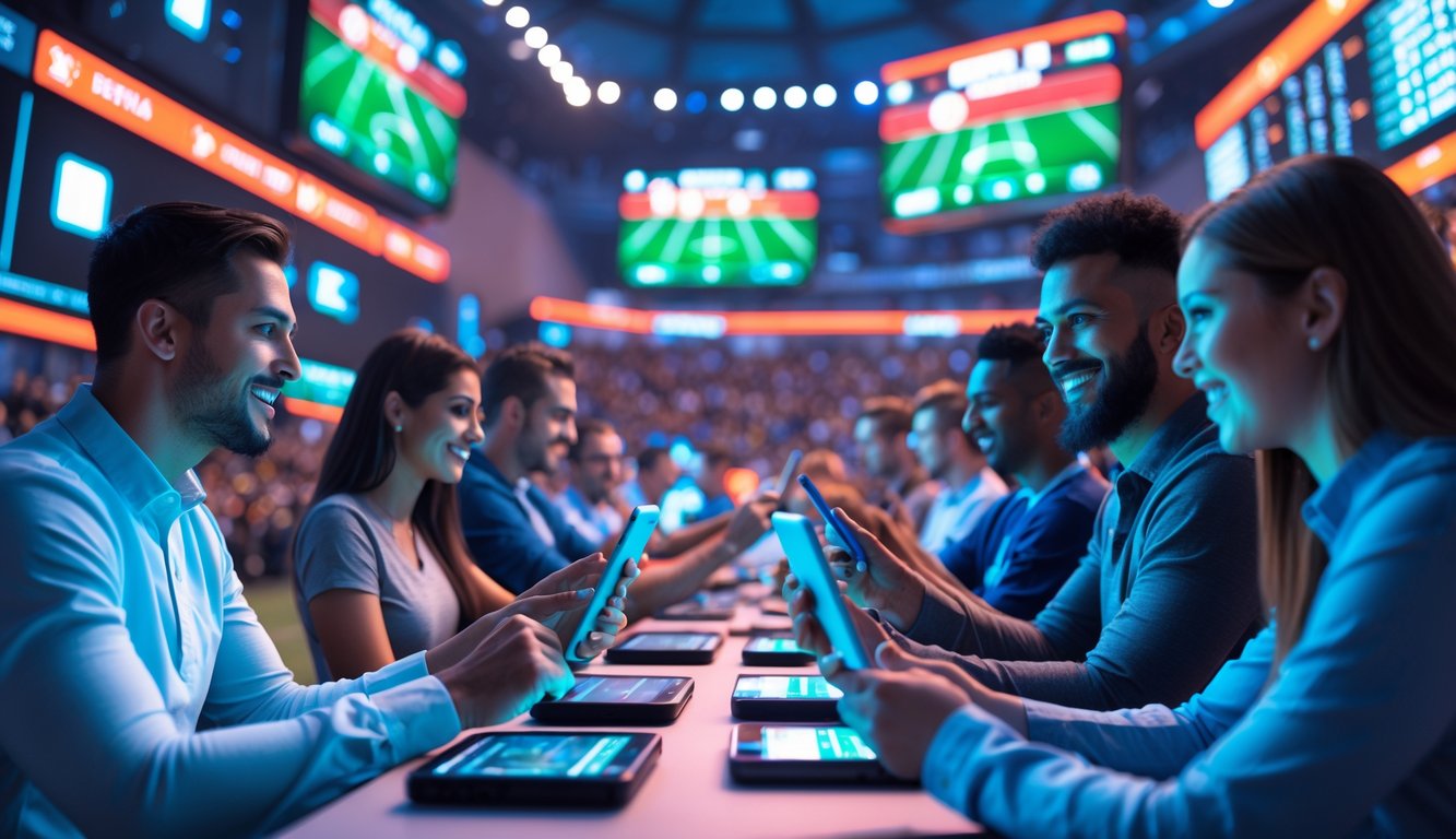 Orang-orang sedang menggunakan perangkat digital untuk bertaruh pada pertandingan sepak bola dengan layar besar menampilkan pertandingan dan statistik di latar belakang.