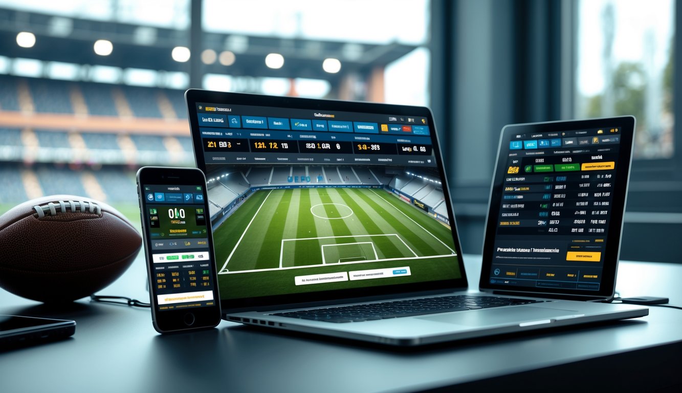 Seseorang menggunakan beberapa perangkat digital untuk taruhan sepak bola online dengan latar belakang bola sepak dan stadion.