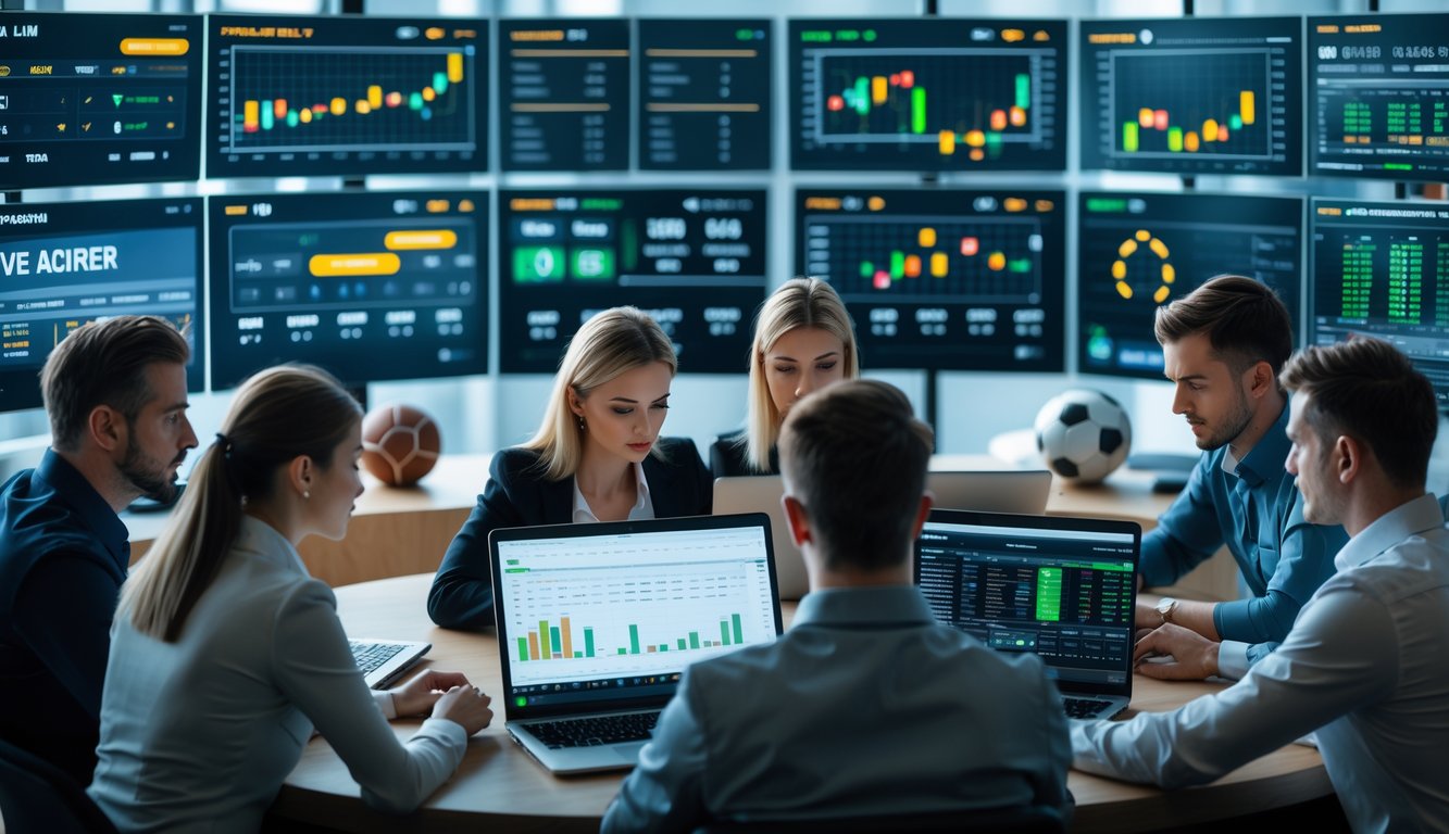 Beberapa orang sedang fokus menganalisis data pertandingan sepak bola di sebuah ruang kerja modern dengan layar digital dan perangkat elektronik.