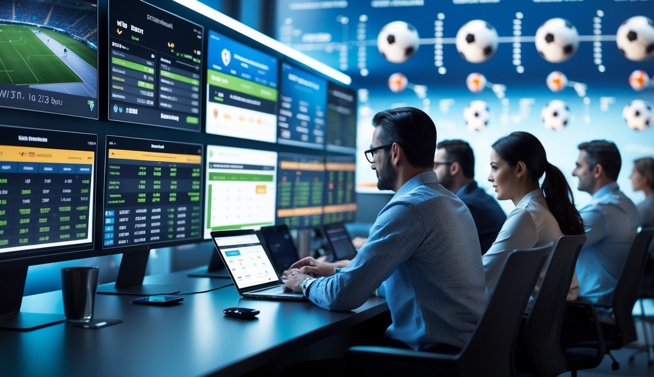 Beberapa orang sedang menggunakan komputer dan ponsel di ruang kerja modern dengan layar besar menampilkan statistik dan pertandingan sepak bola.