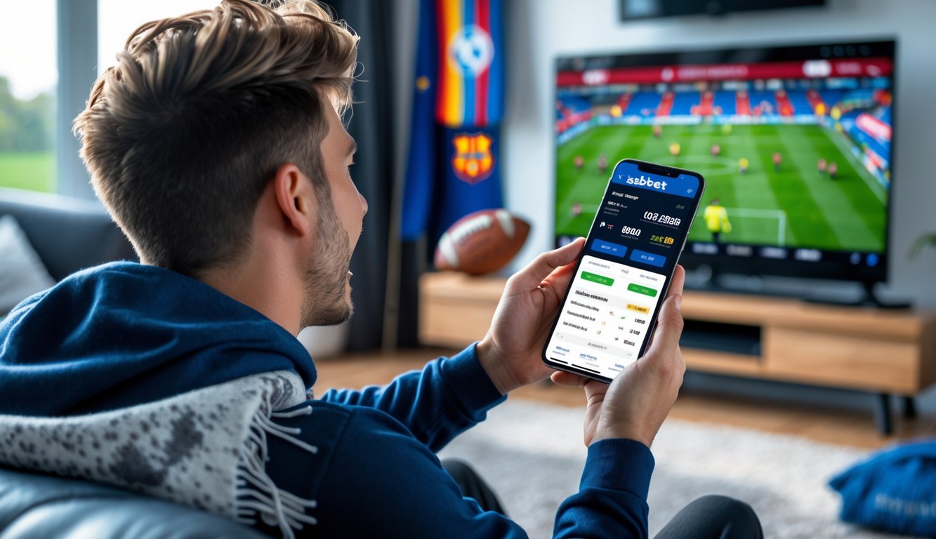 Seorang penggemar sepak bola menonton pertandingan di televisi sambil menggunakan ponsel untuk taruhan online di ruang tamu modern.