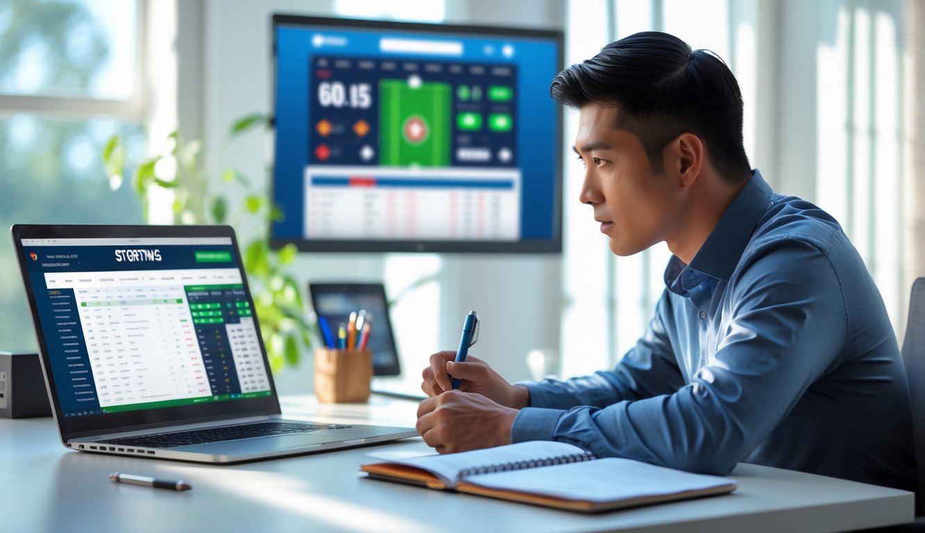 Seorang pria muda duduk di depan laptop dengan tampilan situs taruhan olahraga, sedang menganalisis data dengan serius di meja kerja yang rapi.