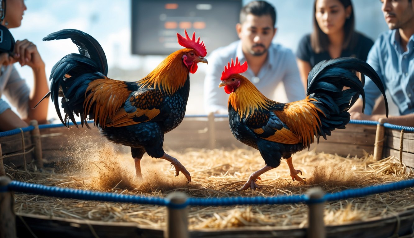 Dua ayam jago sedang bertarung di arena dengan penonton yang memperhatikan dengan serius.