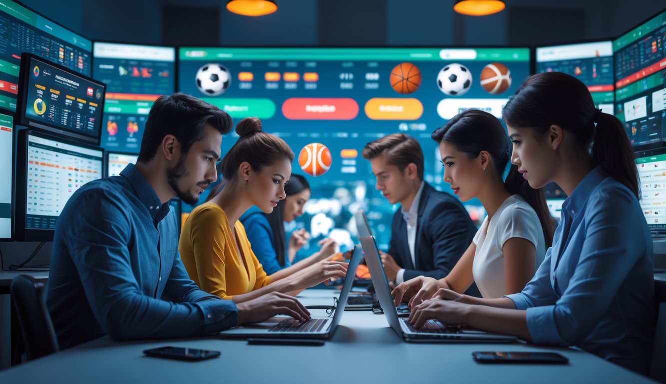 Beberapa orang muda sedang menggunakan komputer dan ponsel di ruang kerja modern dengan layar menampilkan data taruhan olahraga secara interaktif.