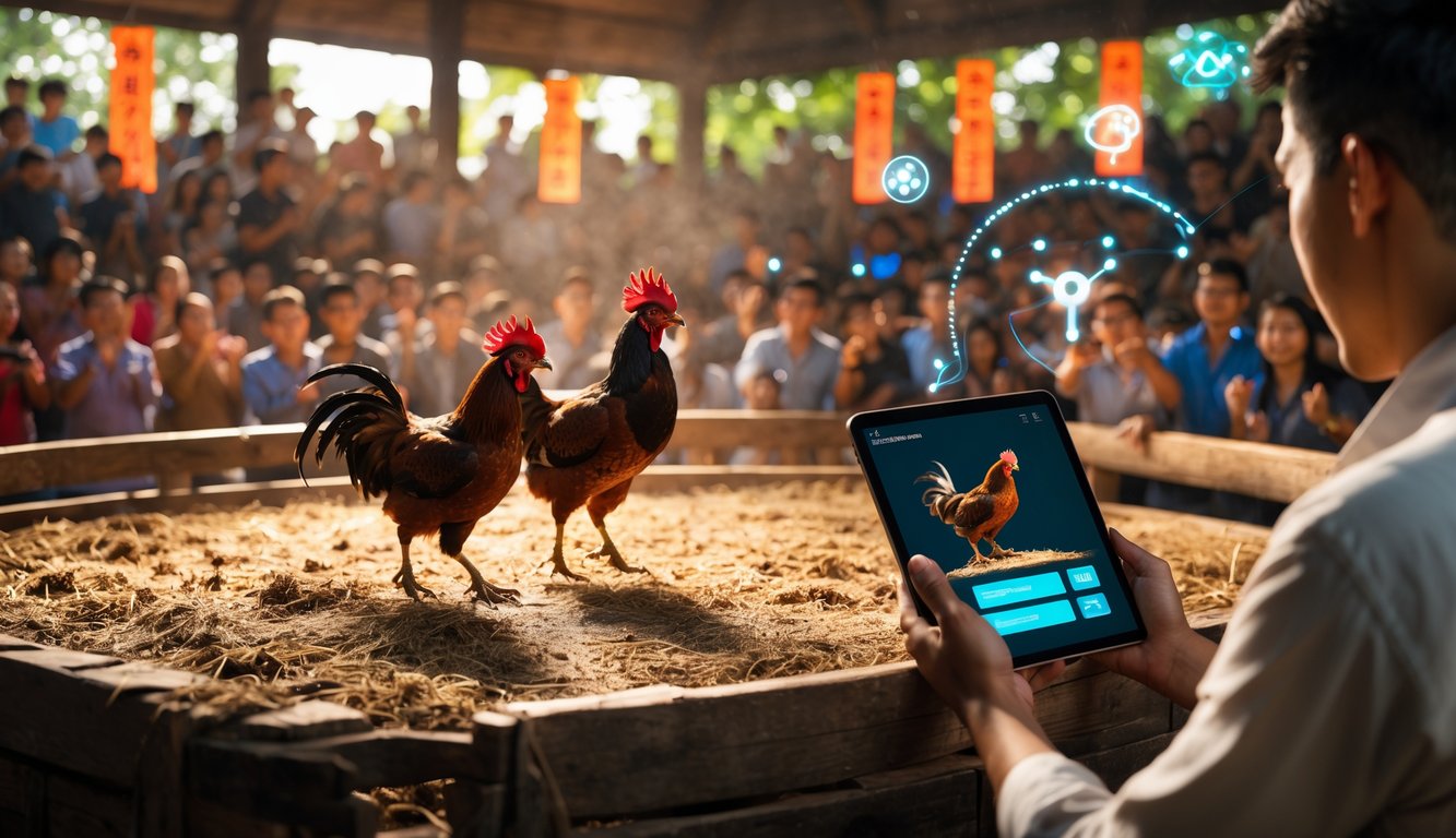Dua ayam jantan bertarung di arena tradisional dengan penonton sekitar dan seseorang memegang smartphone yang menampilkan siaran langsung pertarungan ayam.