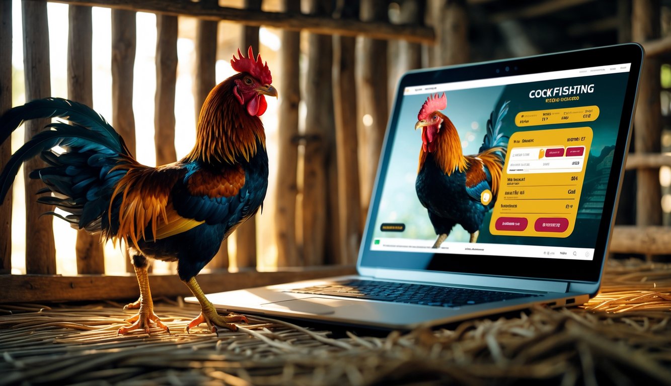 Dua ayam jago sedang bertarung di dalam kandang kayu dengan latar belakang layar perangkat digital yang menampilkan antarmuka taruhan sabung ayam online.