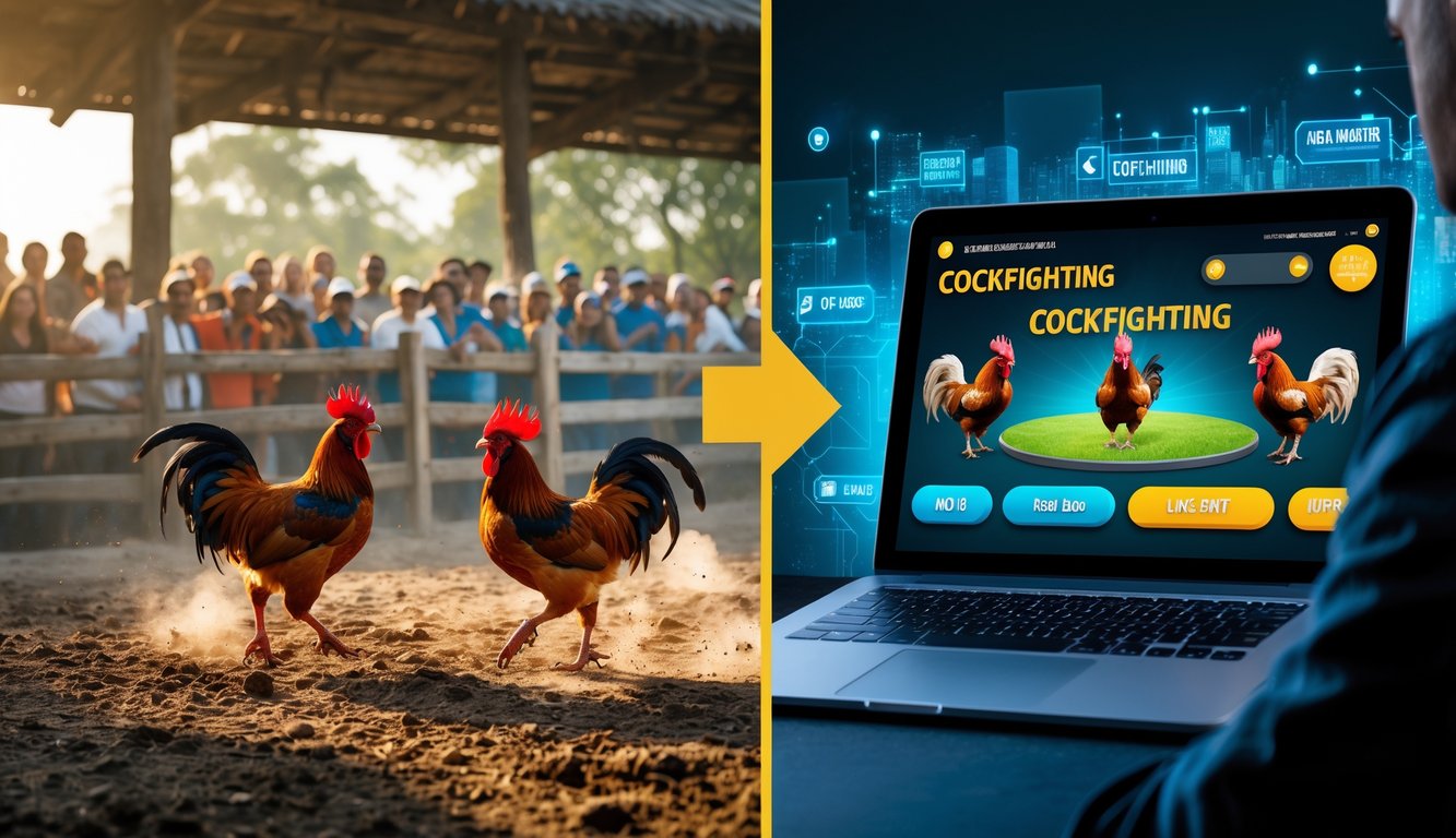 Gambar yang menunjukkan evolusi sabung ayam dari arena tradisional dengan penonton ke platform online interaktif dengan seseorang menggunakan laptop.