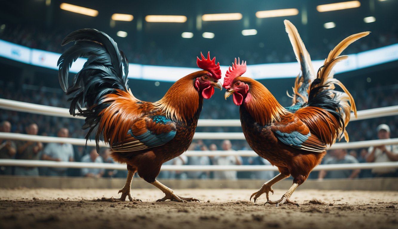Dua ayam jago sedang bertarung di arena sabung ayam dengan latar belakang penonton dan elemen digital yang menunjukkan suasana pertandingan online.