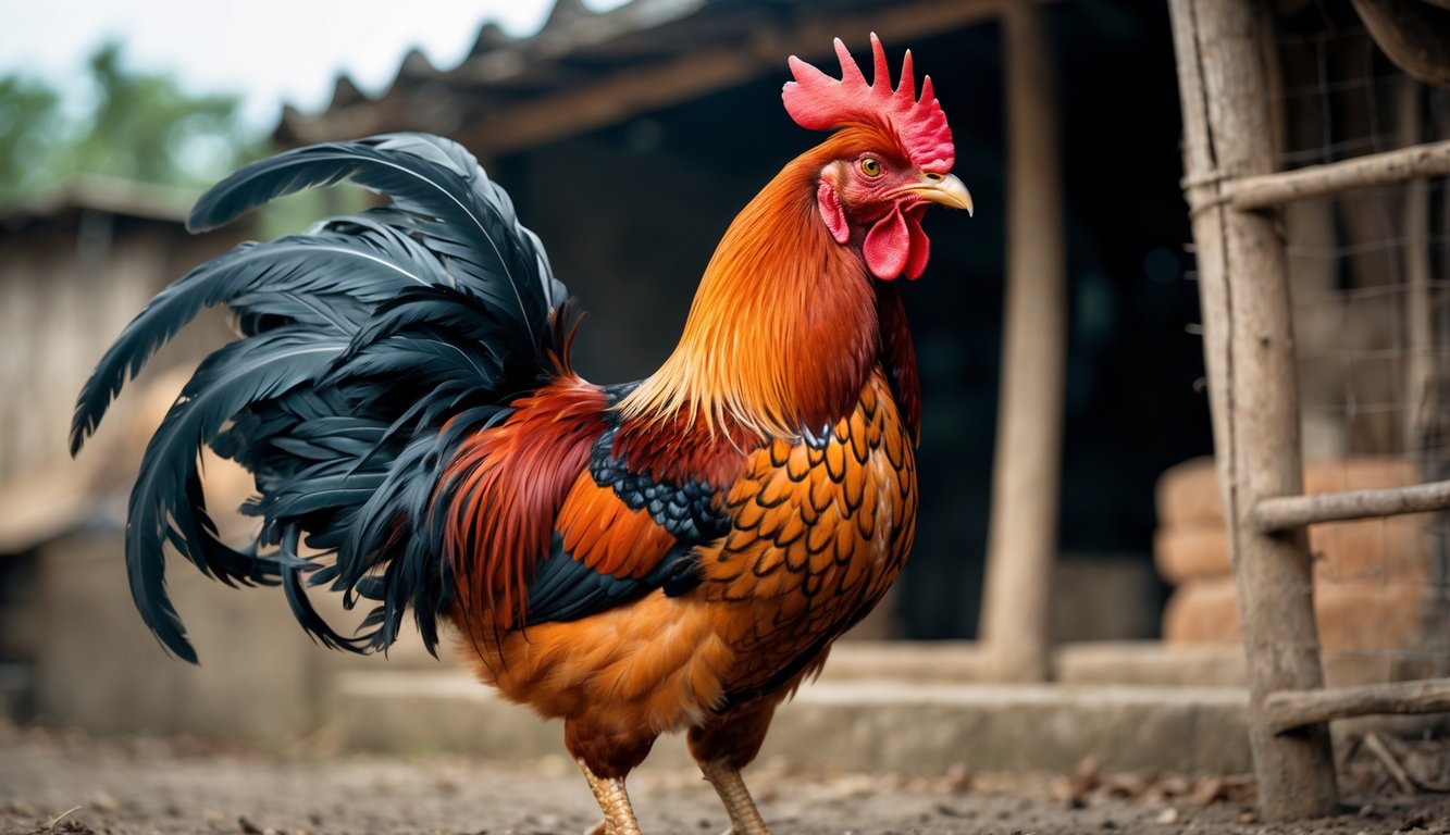 Seekor ayam petarung yang kuat berdiri dengan gagah di lingkungan pedesaan tradisional.
