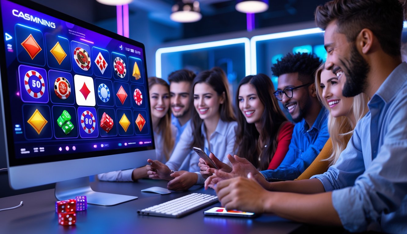 Beberapa orang muda menggunakan komputer dan ponsel untuk bermain berbagai permainan judi online di lingkungan kantor yang modern.