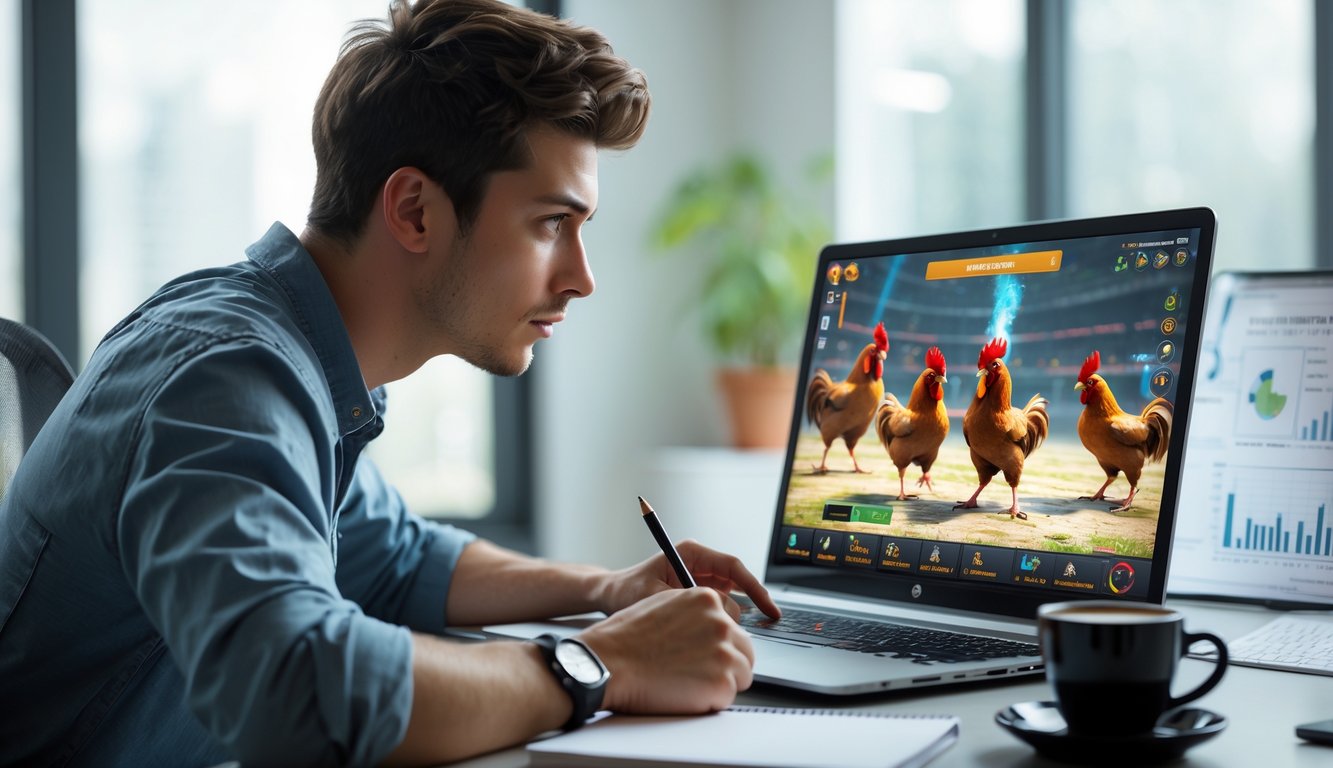 Seorang pria muda sedang fokus menganalisis permainan sabung ayam online di depan laptop di sebuah ruangan yang terang.