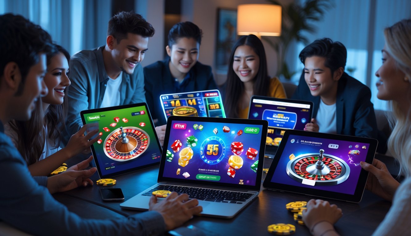 Sekelompok orang muda menggunakan perangkat digital untuk bermain taruhan online di ruang tamu modern.