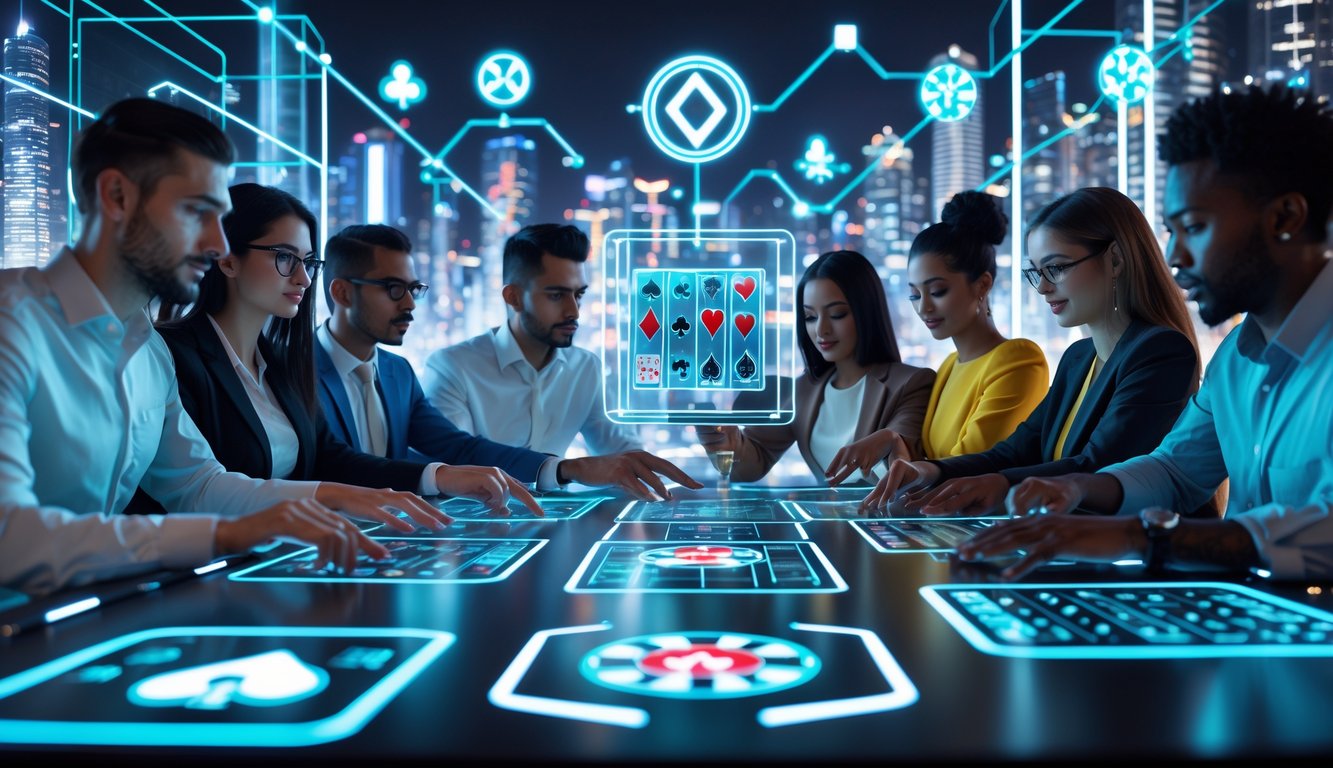 Orang-orang menggunakan layar digital interaktif dengan ikon judi online di latar belakang kota futuristik.