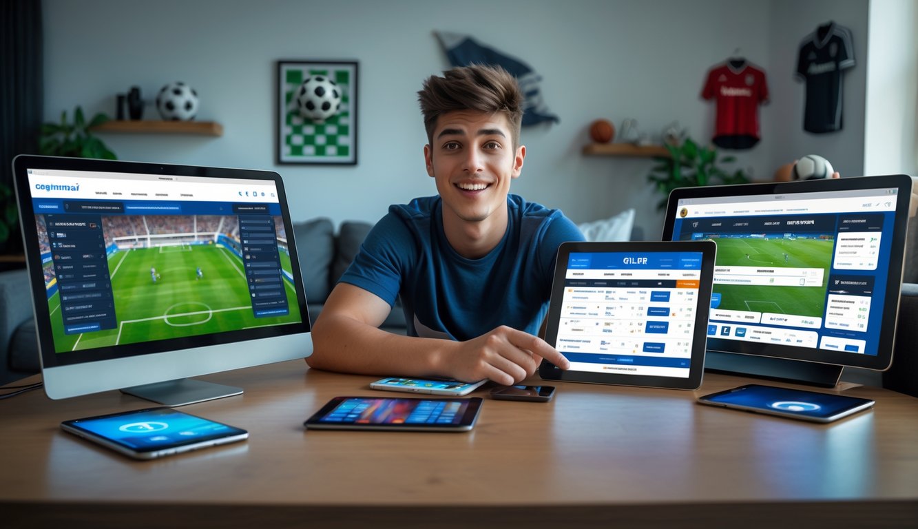 Seseorang sedang menggunakan beberapa perangkat digital untuk menonton pertandingan sepak bola dan memasang taruhan online di ruang tamu modern.