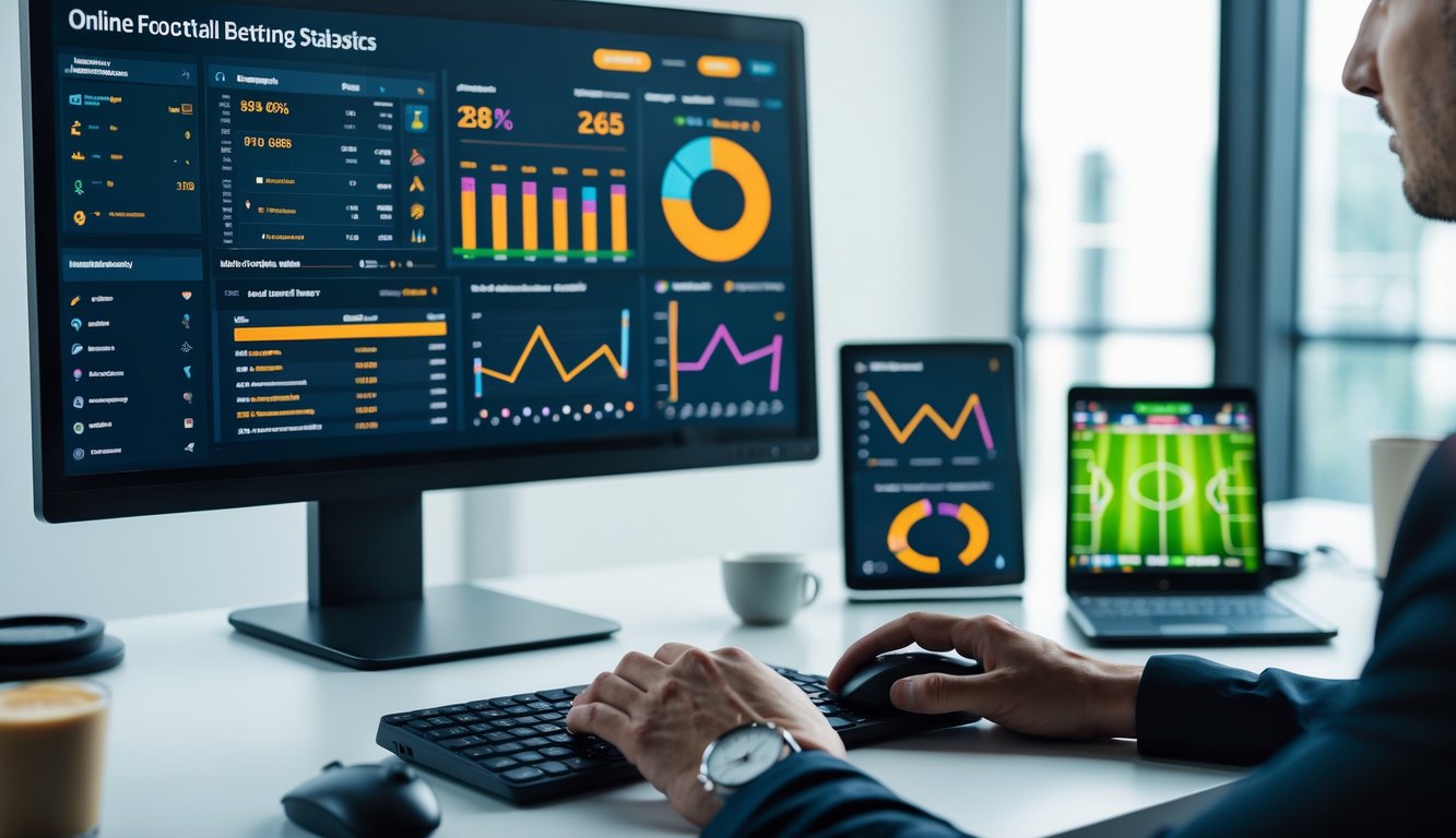 Seorang pria sedang menganalisis statistik pertandingan sepak bola di depan komputer di sebuah ruang kerja modern.