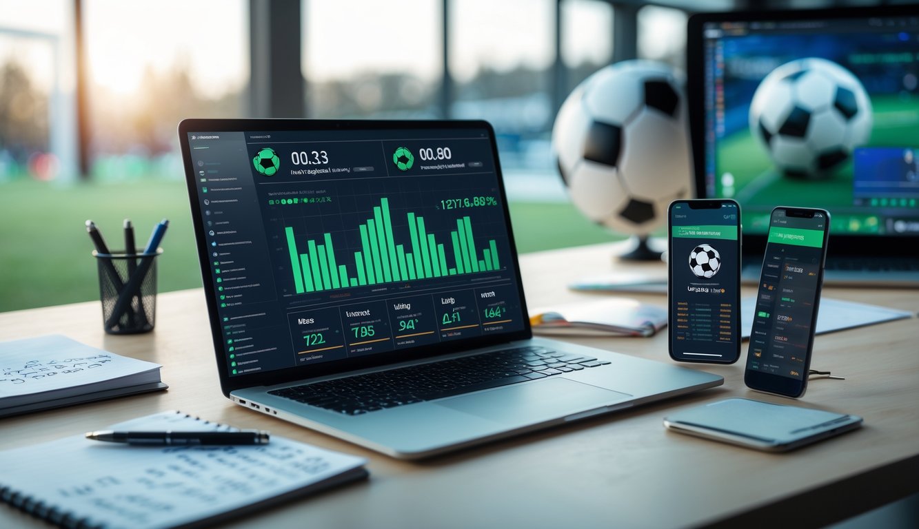 Seorang profesional bekerja dengan laptop yang menampilkan statistik sepak bola, dikelilingi oleh catatan dan ponsel dengan pembaruan pertandingan sepak bola.