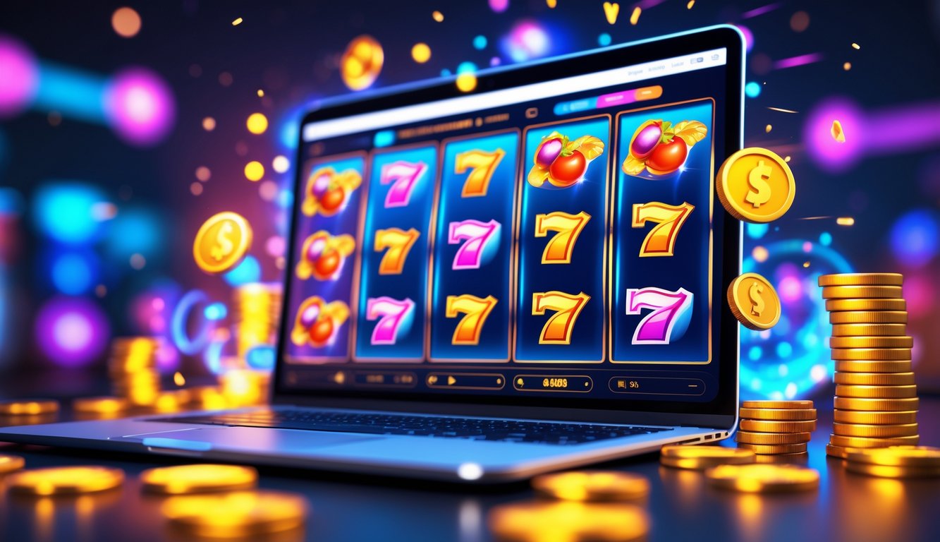 Seseorang bermain game slot online di komputer dengan tampilan layar penuh warna dan simbol mesin slot yang berputar.