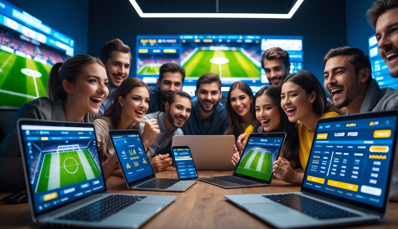 Beberapa orang sedang menggunakan perangkat digital untuk memasang taruhan pada pertandingan sepak bola secara online.