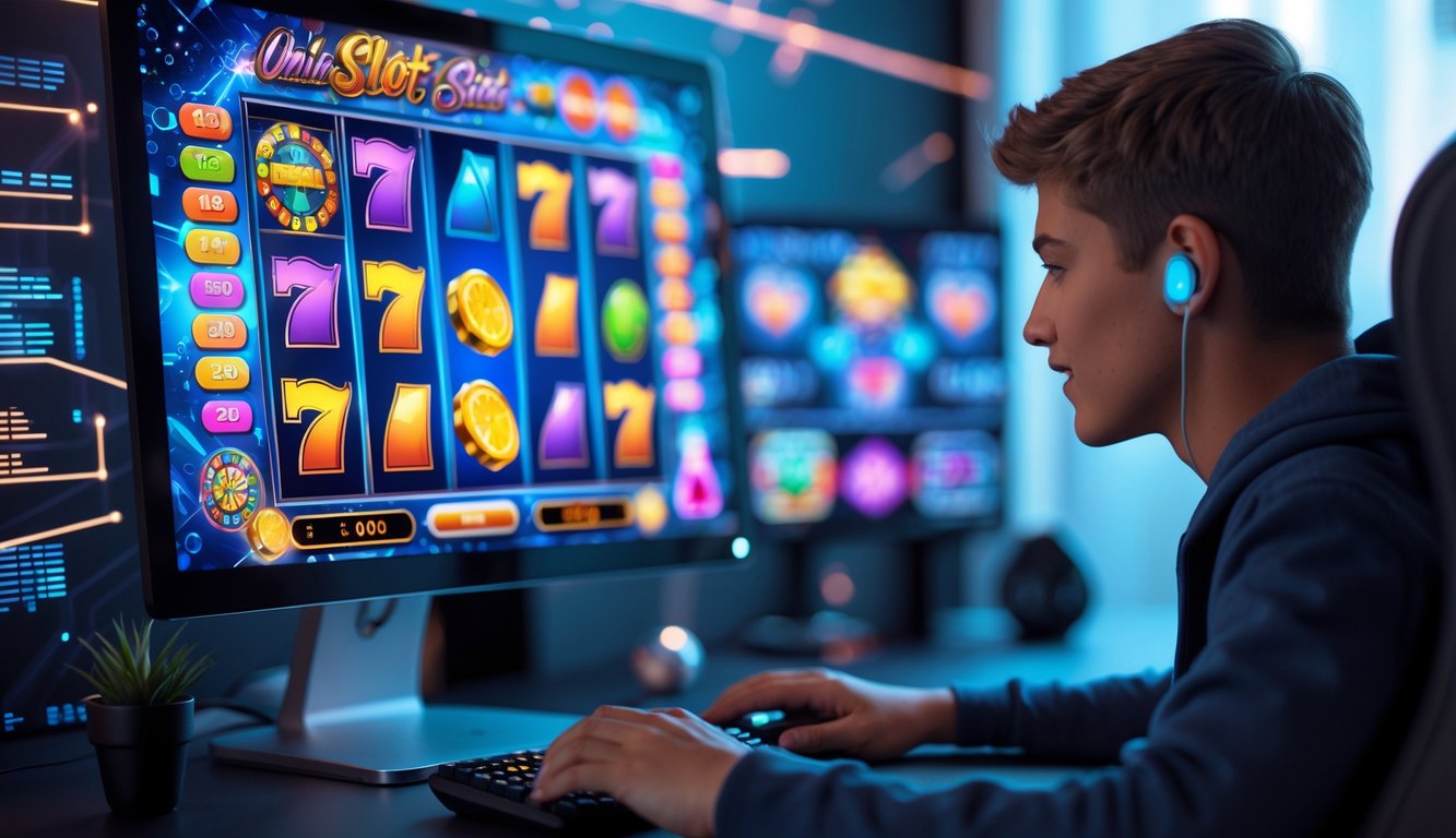 Seorang dewasa muda sedang bermain permainan slot digital di komputer dengan latar belakang teknologi modern.