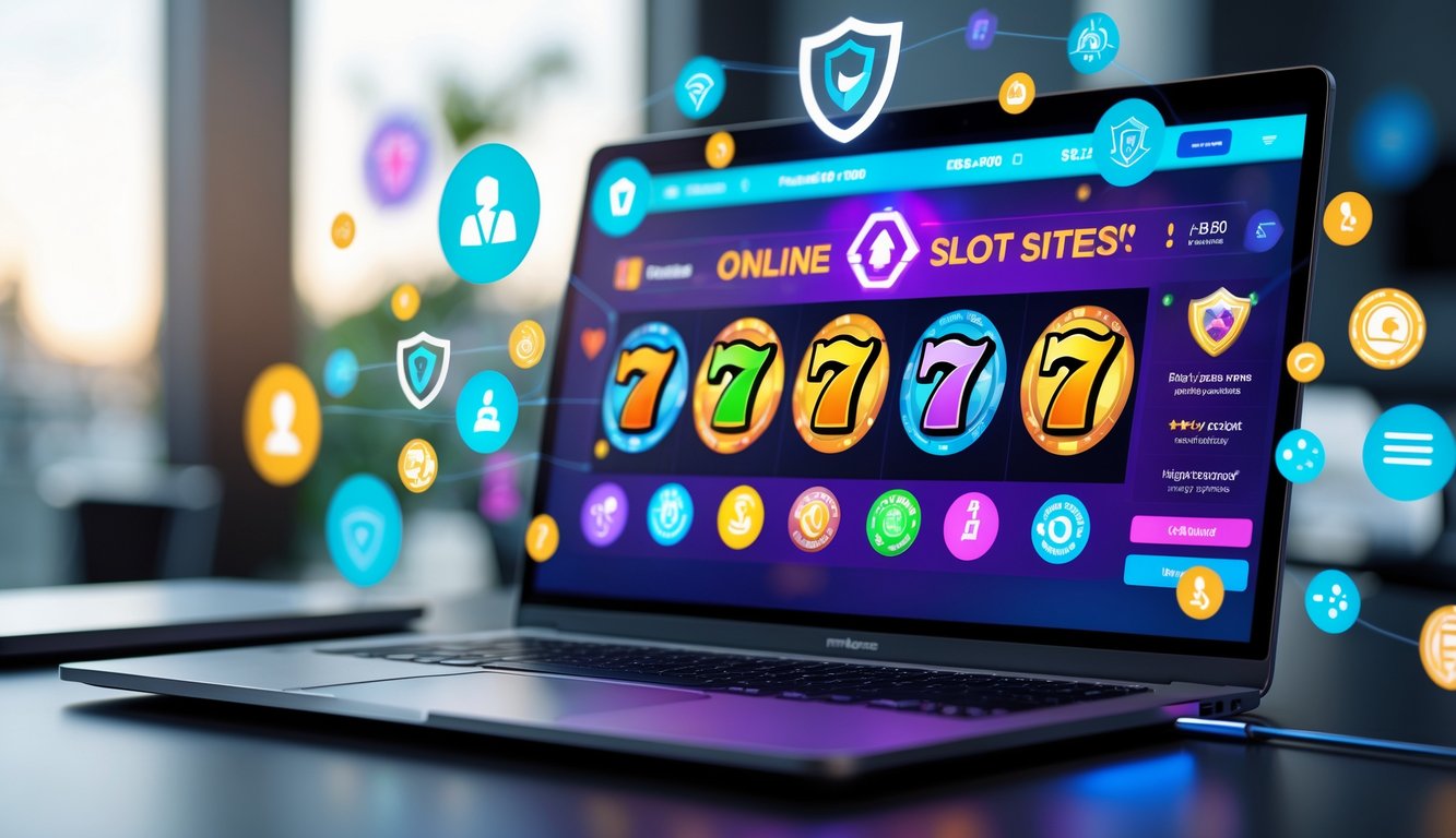 Meja kerja modern dengan laptop yang menampilkan permainan slot online berwarna-warni dan ikon fitur digital di sekitarnya.