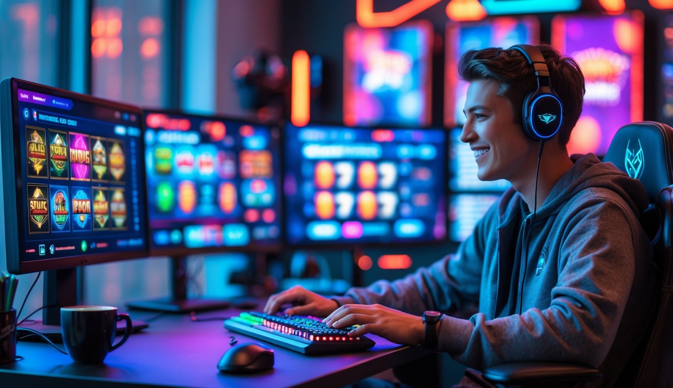 Seorang gamer muda duduk di depan komputer dengan layar menampilkan permainan slot online, di ruangan yang terang dan modern.