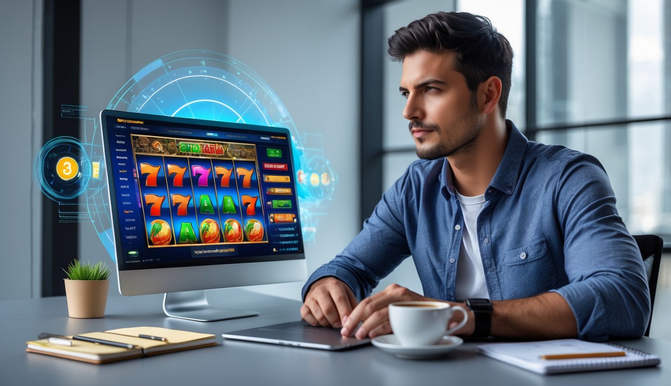 Seorang pria muda duduk di meja dengan laptop yang menampilkan permainan slot online, tampak fokus dan strategis.