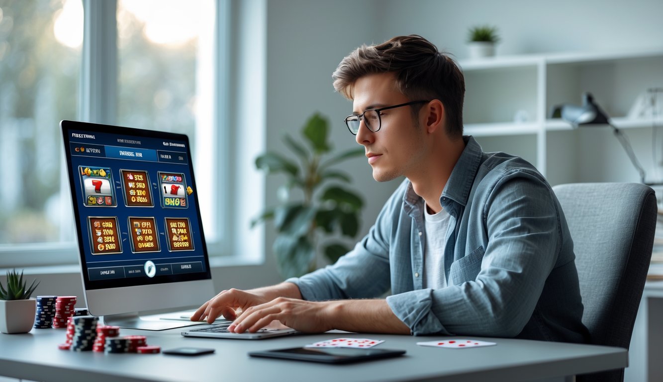 Seorang pria muda duduk di meja dengan laptop, fokus bermain permainan slot online di ruangan kantor rumah yang rapi.