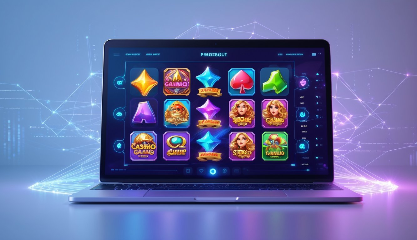 Layar komputer menampilkan ikon permainan slot yang berwarna-warni dengan tema menarik, dikelilingi oleh elemen digital yang menunjukkan hiburan daring.