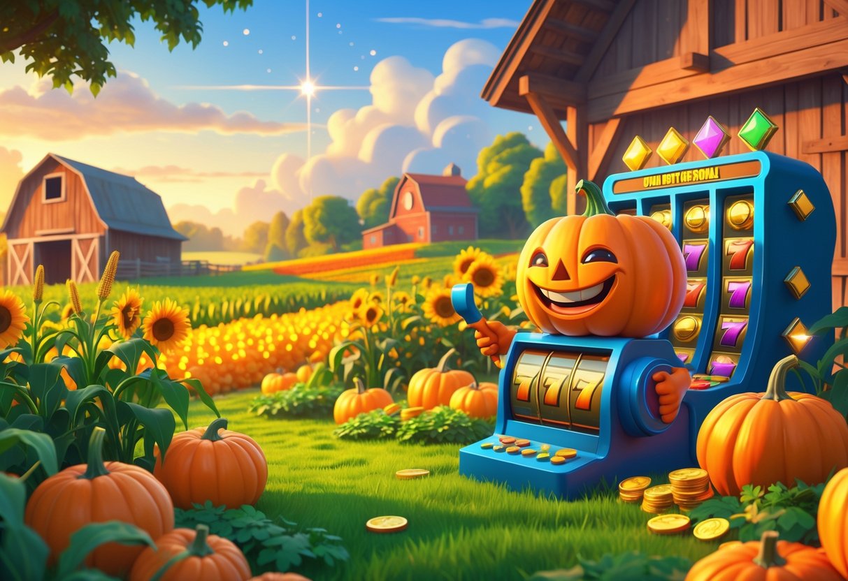 Ladang pertanian yang subur dengan karakter labu tersenyum memegang tuas mesin slot, dikelilingi tanaman dan simbol permainan slot di latar belakang.