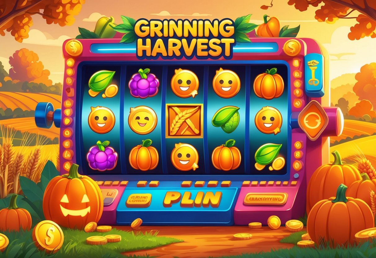 Ilustrasi mesin slot berwarna cerah dengan simbol buah tersenyum dan ikon panen di latar belakang ladang saat matahari terbenam.